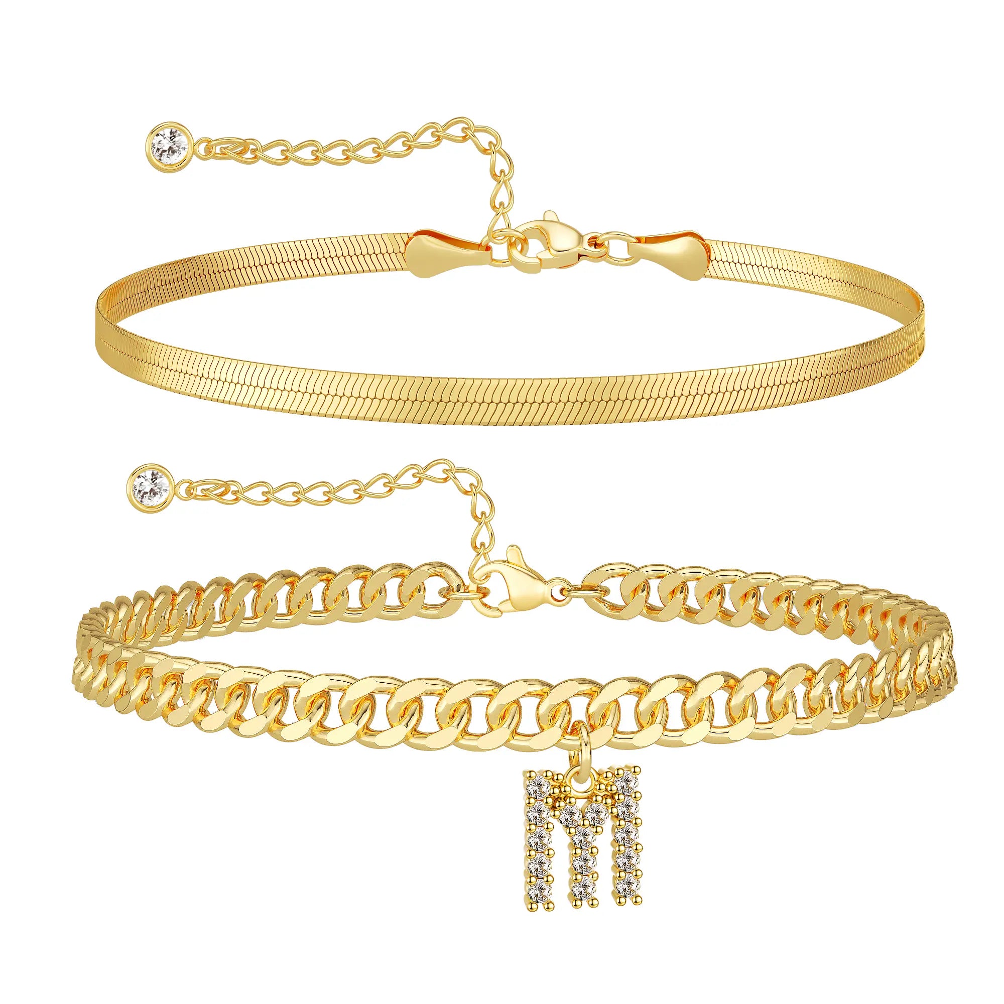 Women's Gold Stackable Anklet Set with Letter Pendant