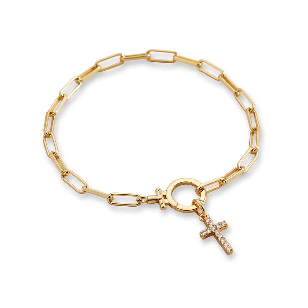 Mint Paperclip Bracelet with Pave Cross Charm