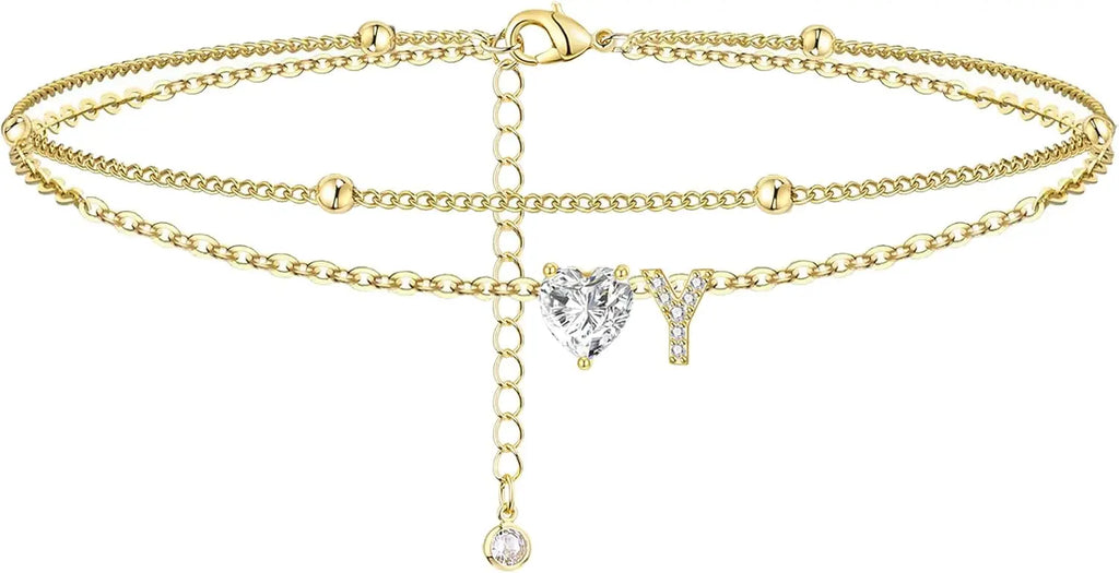 Gold Heart Charm Initial Anklet