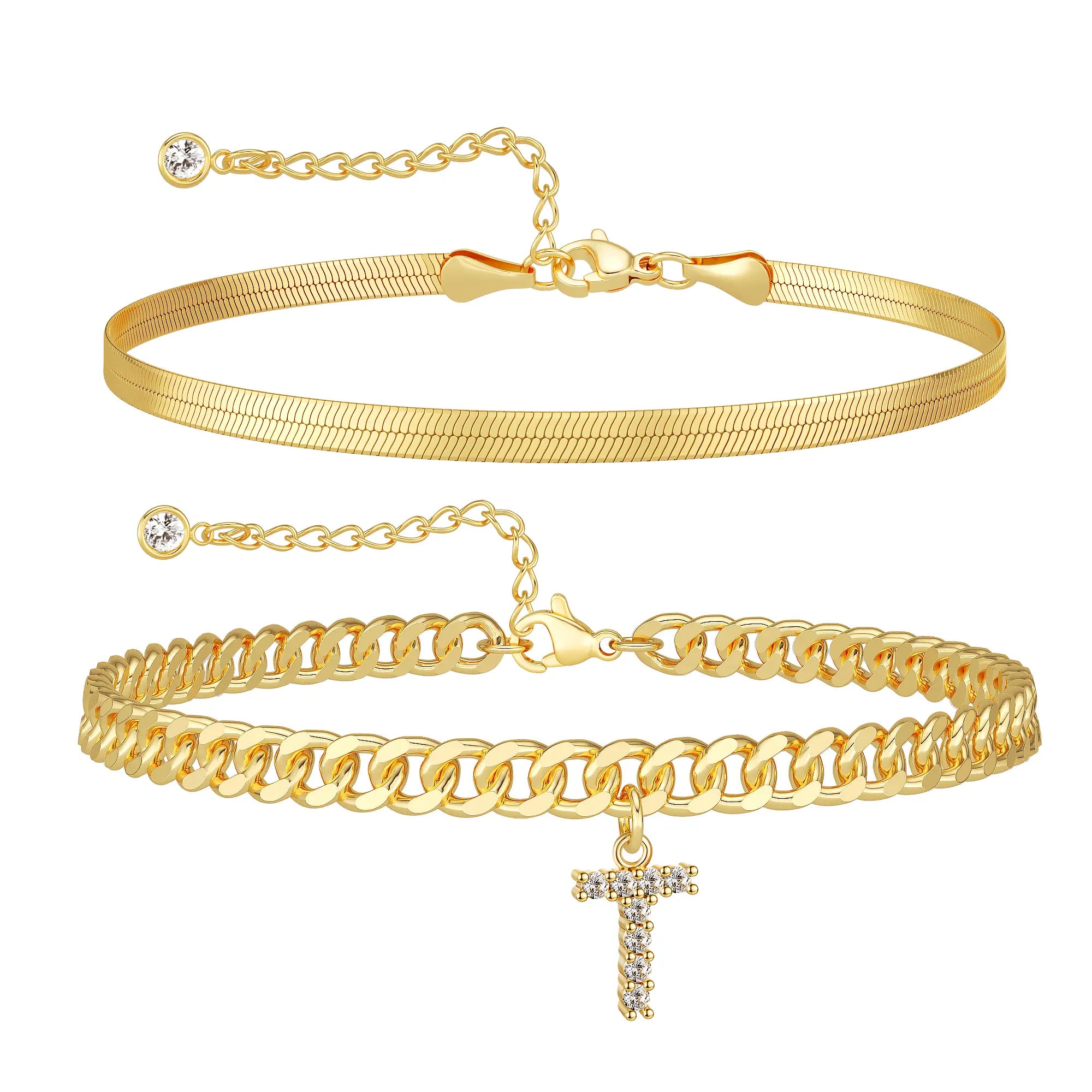 Women's Gold Stackable Anklet Set with Letter Pendant