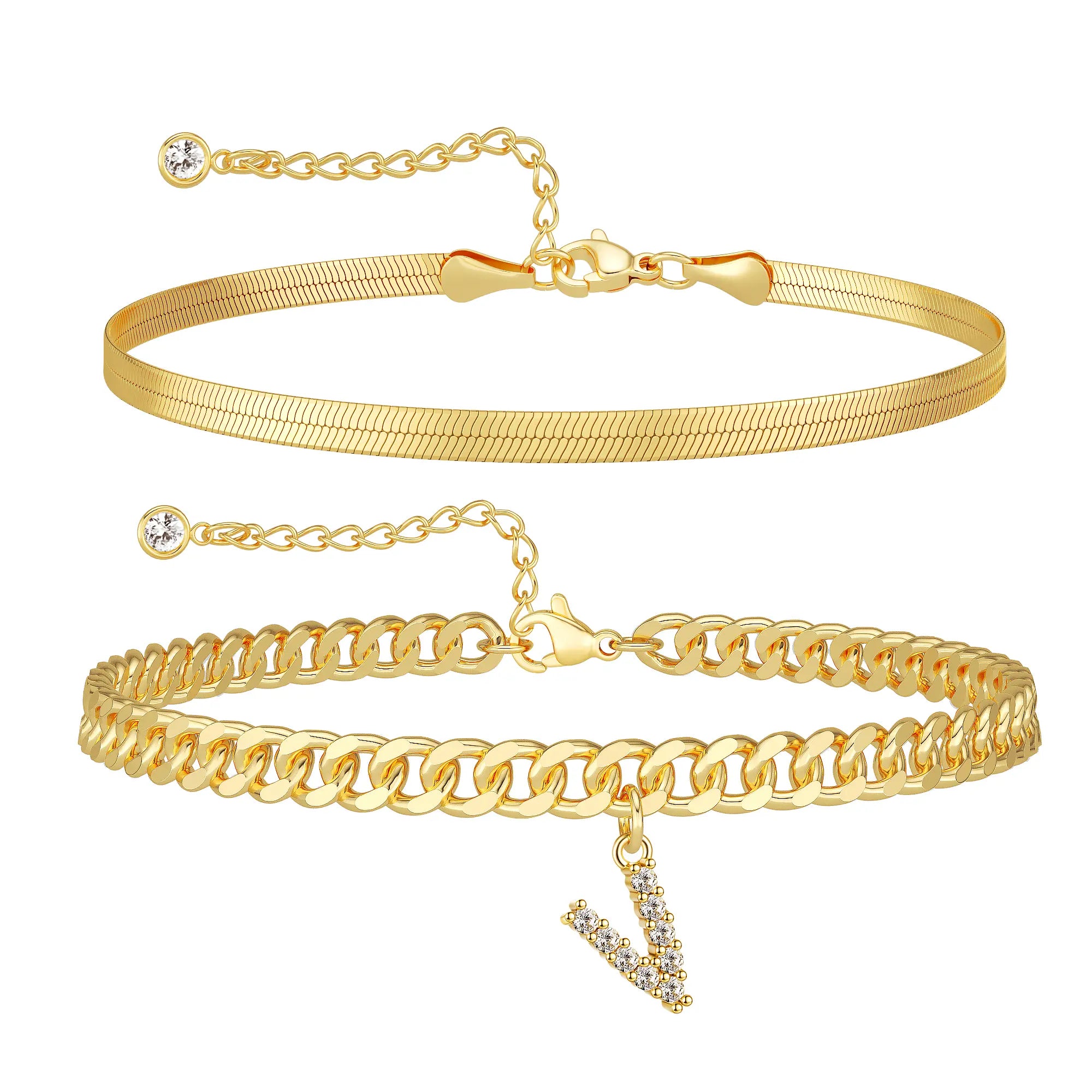 Women's Gold Stackable Anklet Set with Letter Pendant