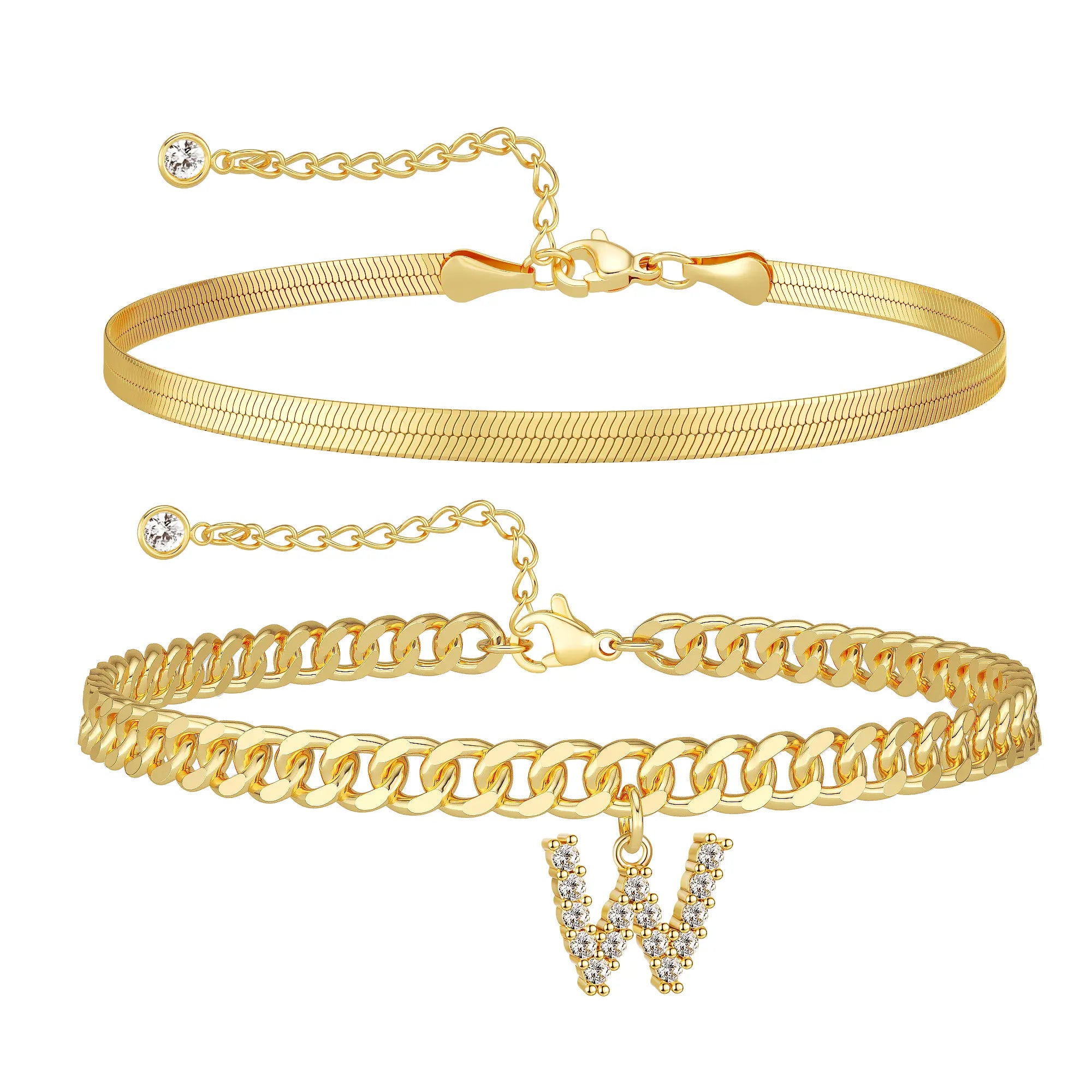 Women's Gold Stackable Anklet Set with Letter Pendant