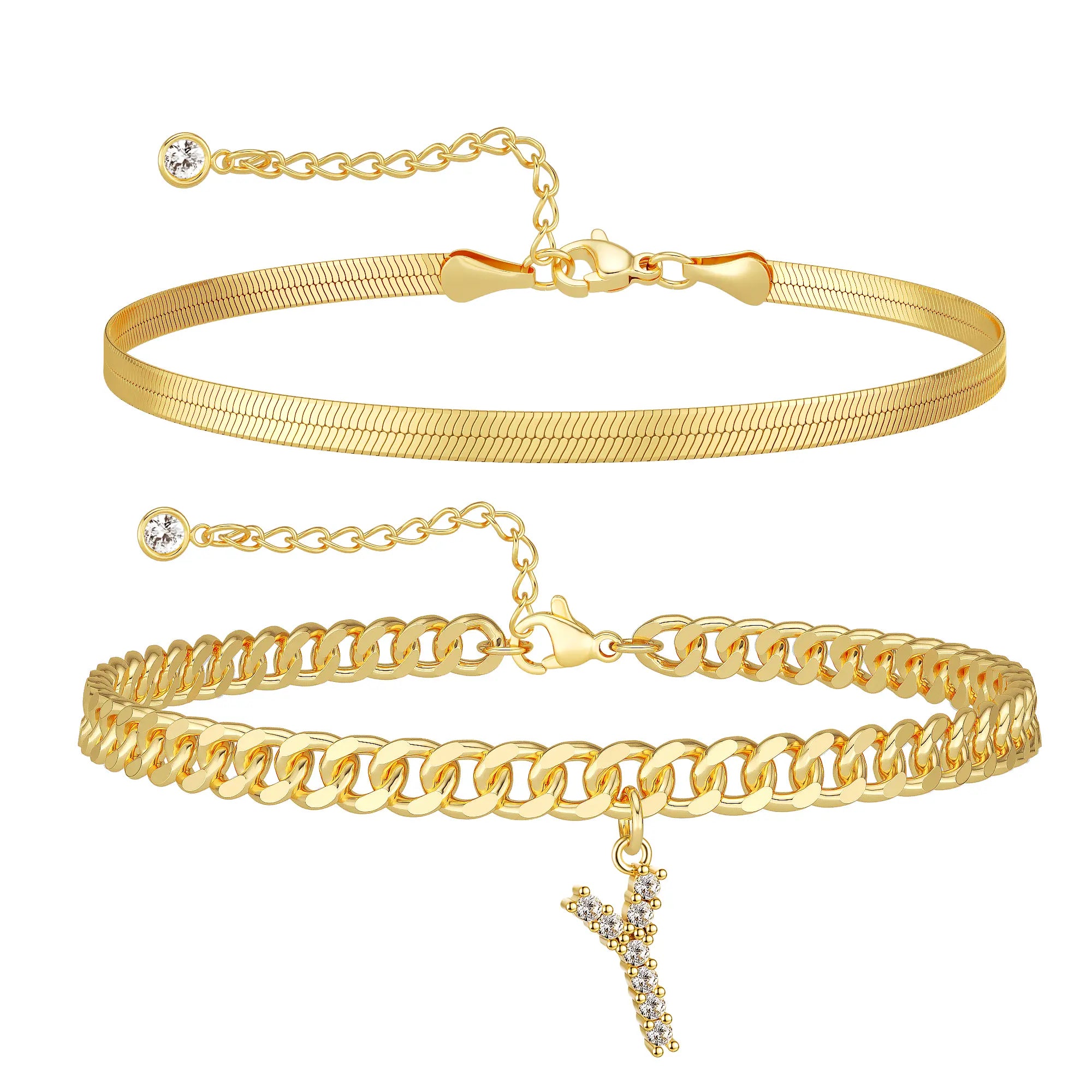 Women's Gold Stackable Anklet Set with Letter Pendant