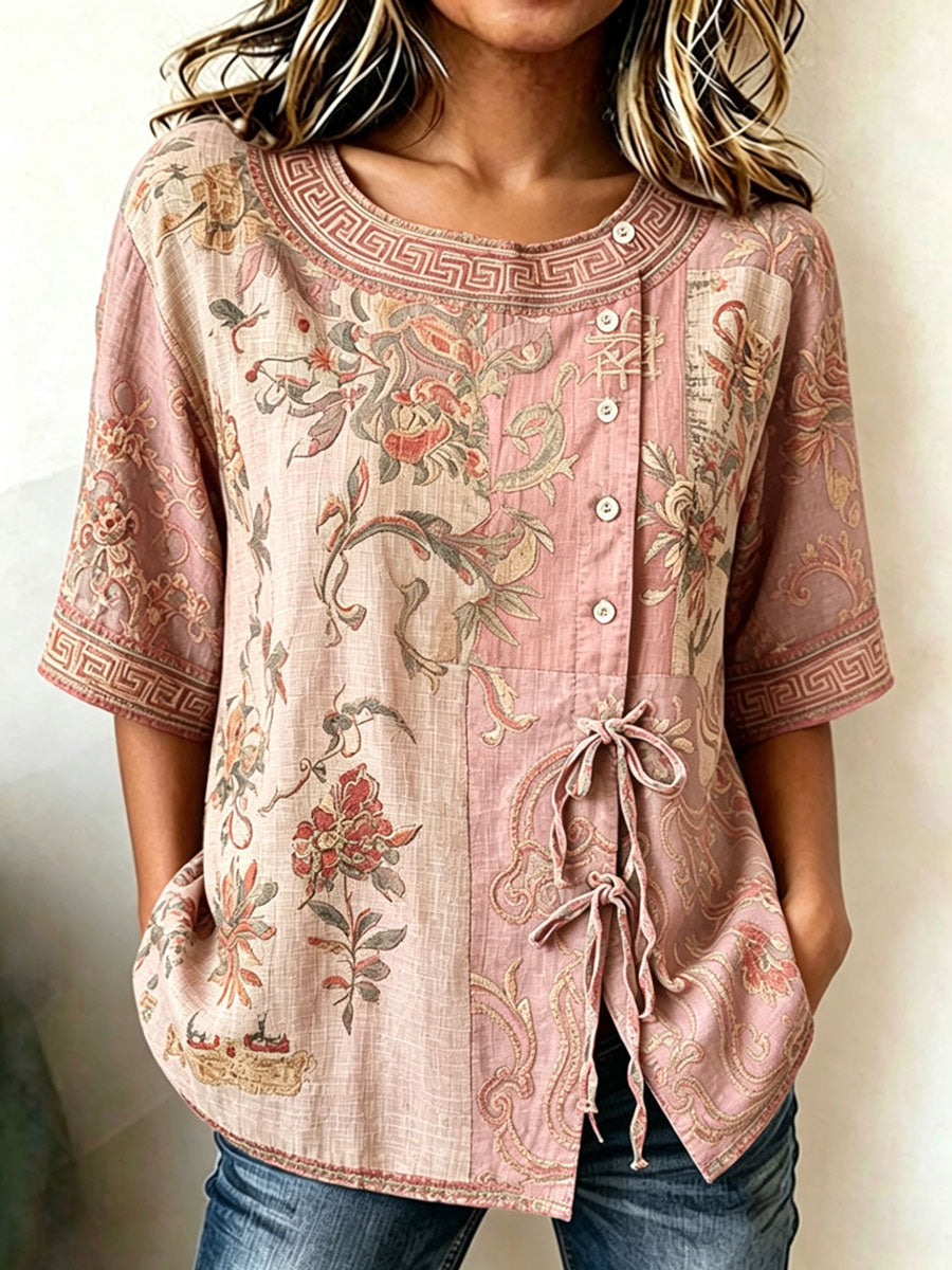 Top casual estampado de algodón y lino para mujer