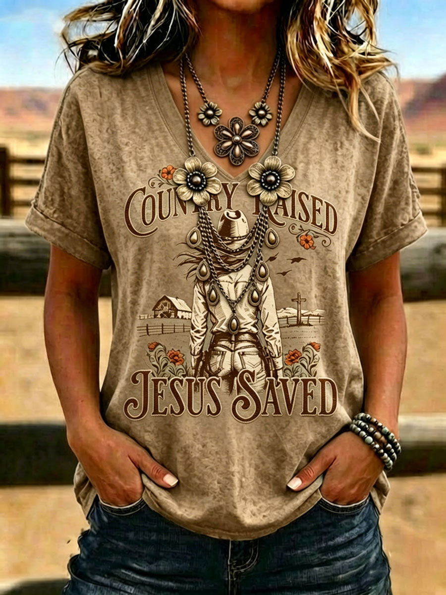 Camiseta retro de cuello en V con estampado de fe de estilo western para mujer
