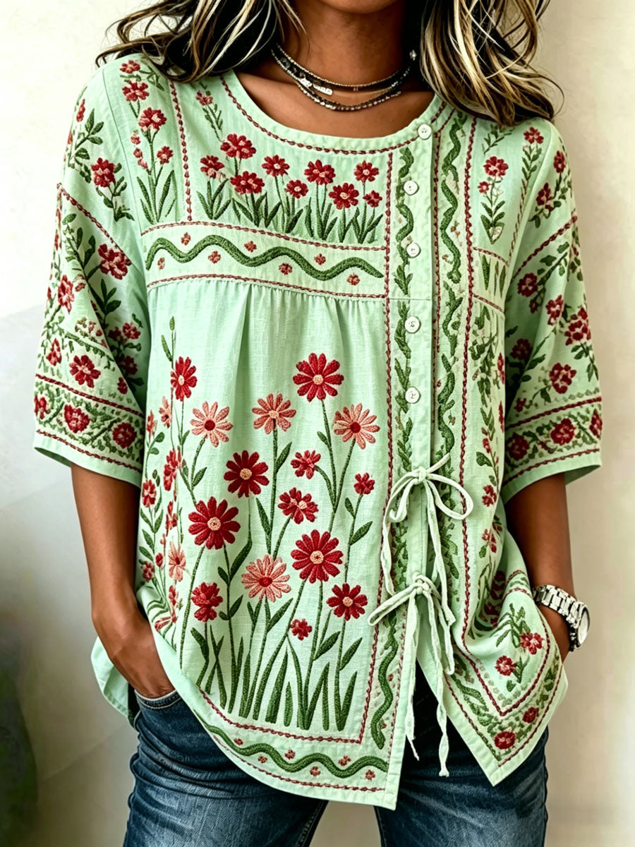 Top casual estampado de algodón y lino para mujer