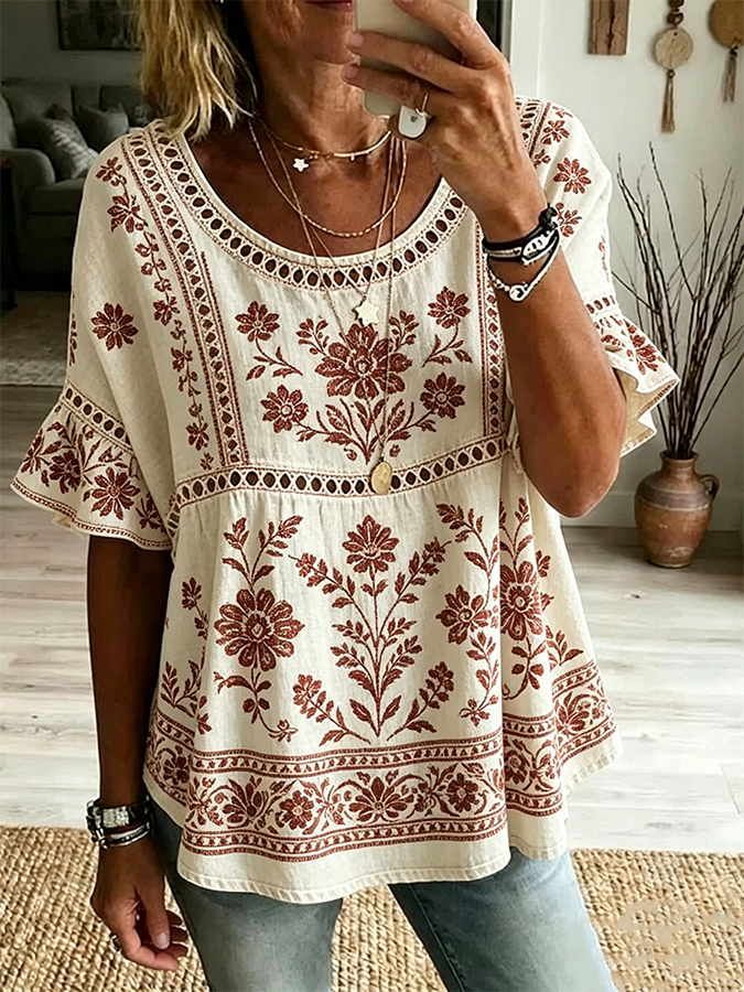 Blusa campesina vintage de mujer con estampado floral, ribete y mangas con volantes