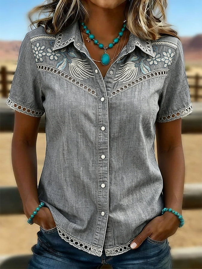 Camisa informal para mujer con estampado de arte floral vintage, paneles calados y patchwork
