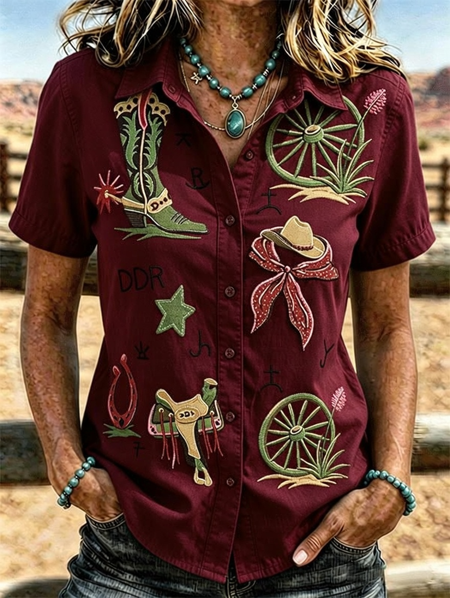 Camisa western de manga corta con bordado de bota vaquera y herradura