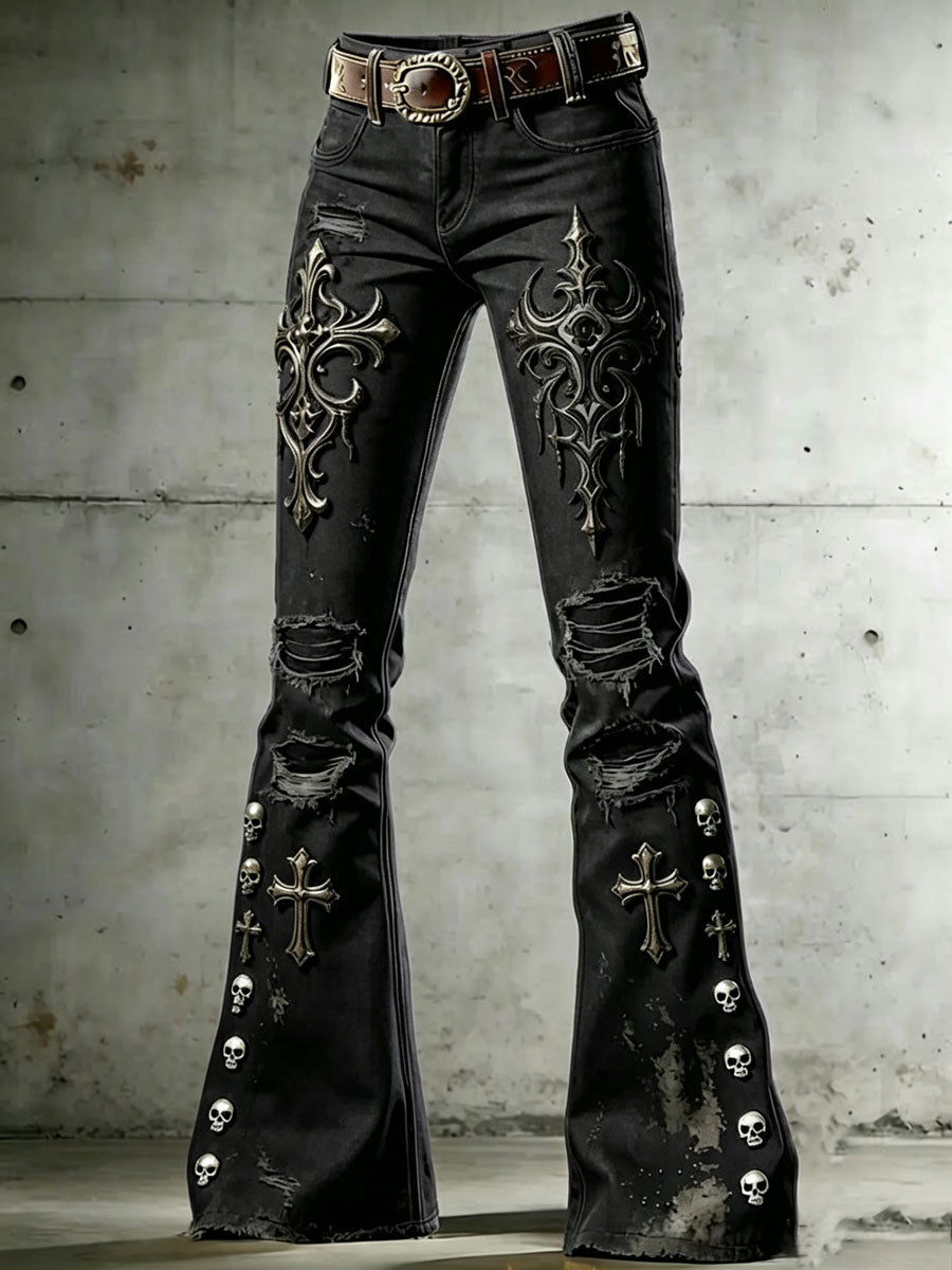 Women's Gothic Skull Art Print Flared Trousers