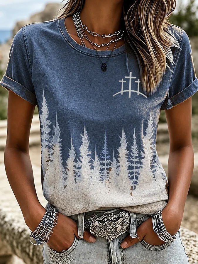 Camiseta de cuello redondo con estampado degradado de fe y arte ecuestre western para mujer