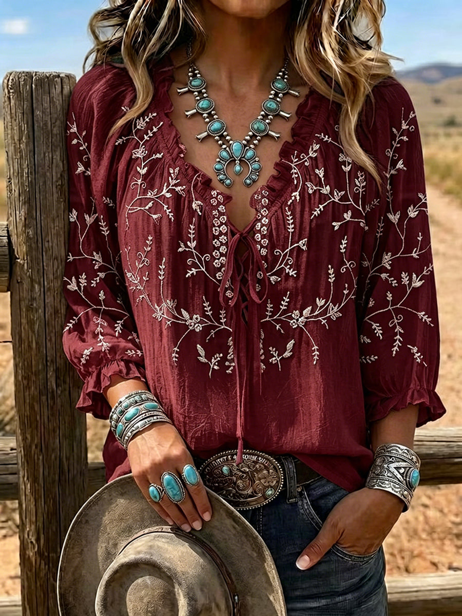 Camisa informal para mujer con estampado floral vintage, volante y lazo