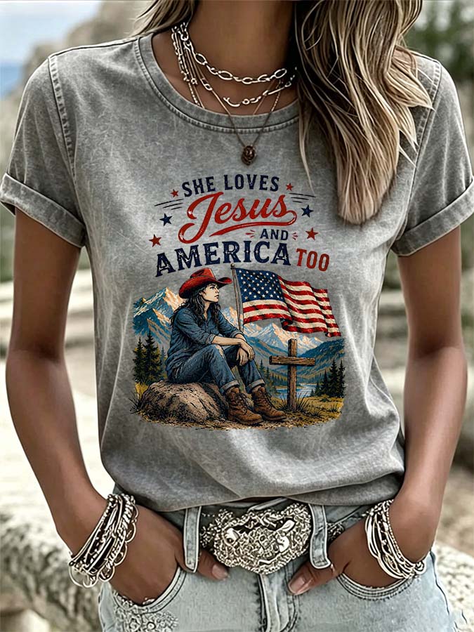T-Shirt Décontracté Femme Col Rond Style Western Américain Drapeau Américain J'aime Jésus