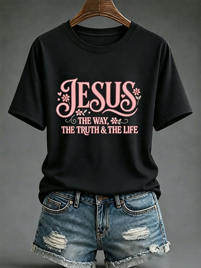 Parte superior estampada de fe con cruz para mujer: «Jesús, el camino, la verdad y la vida»