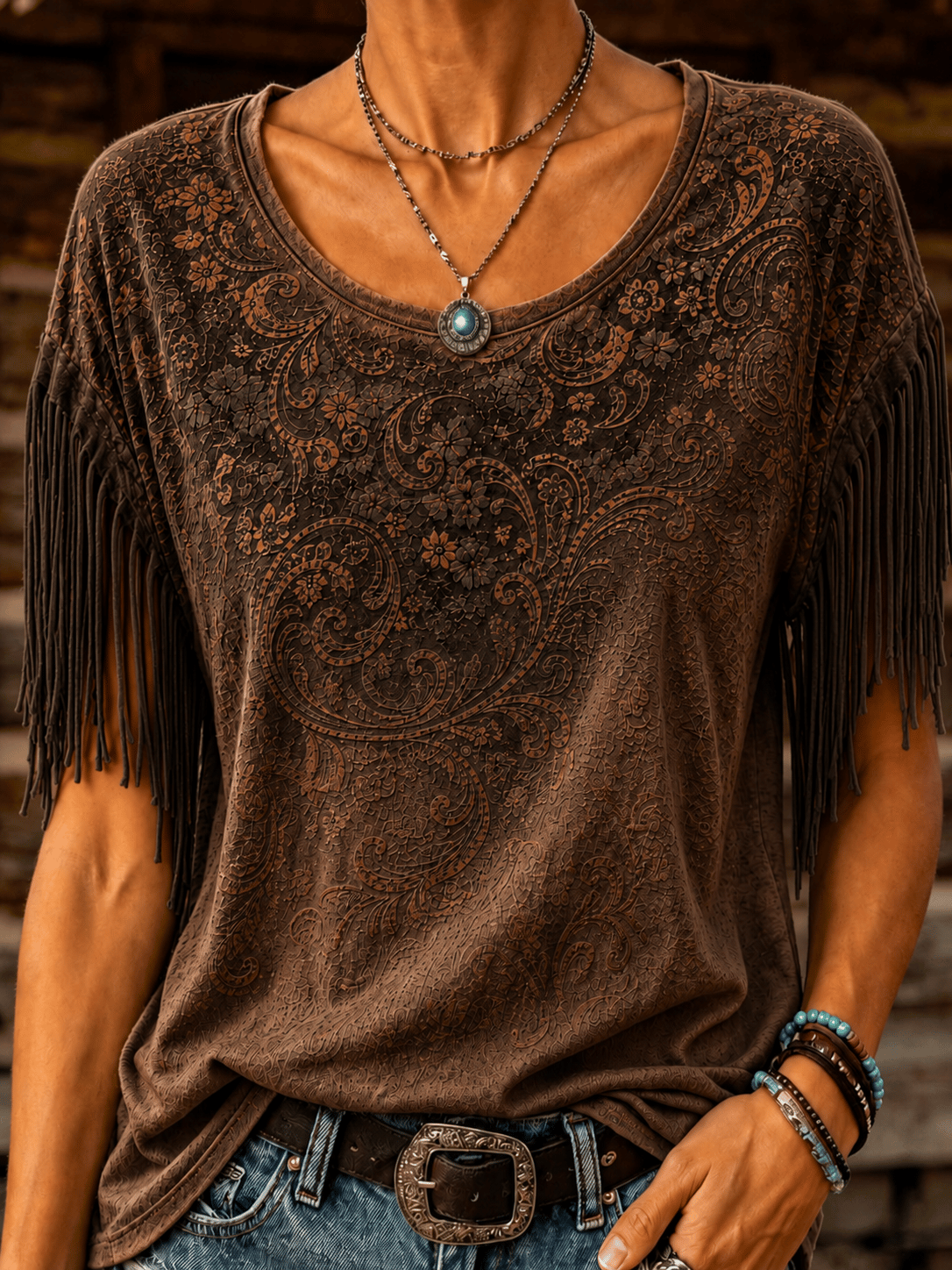 Top retro western con cuello redondo, estampado floral de zafiro y flecos para mujer
