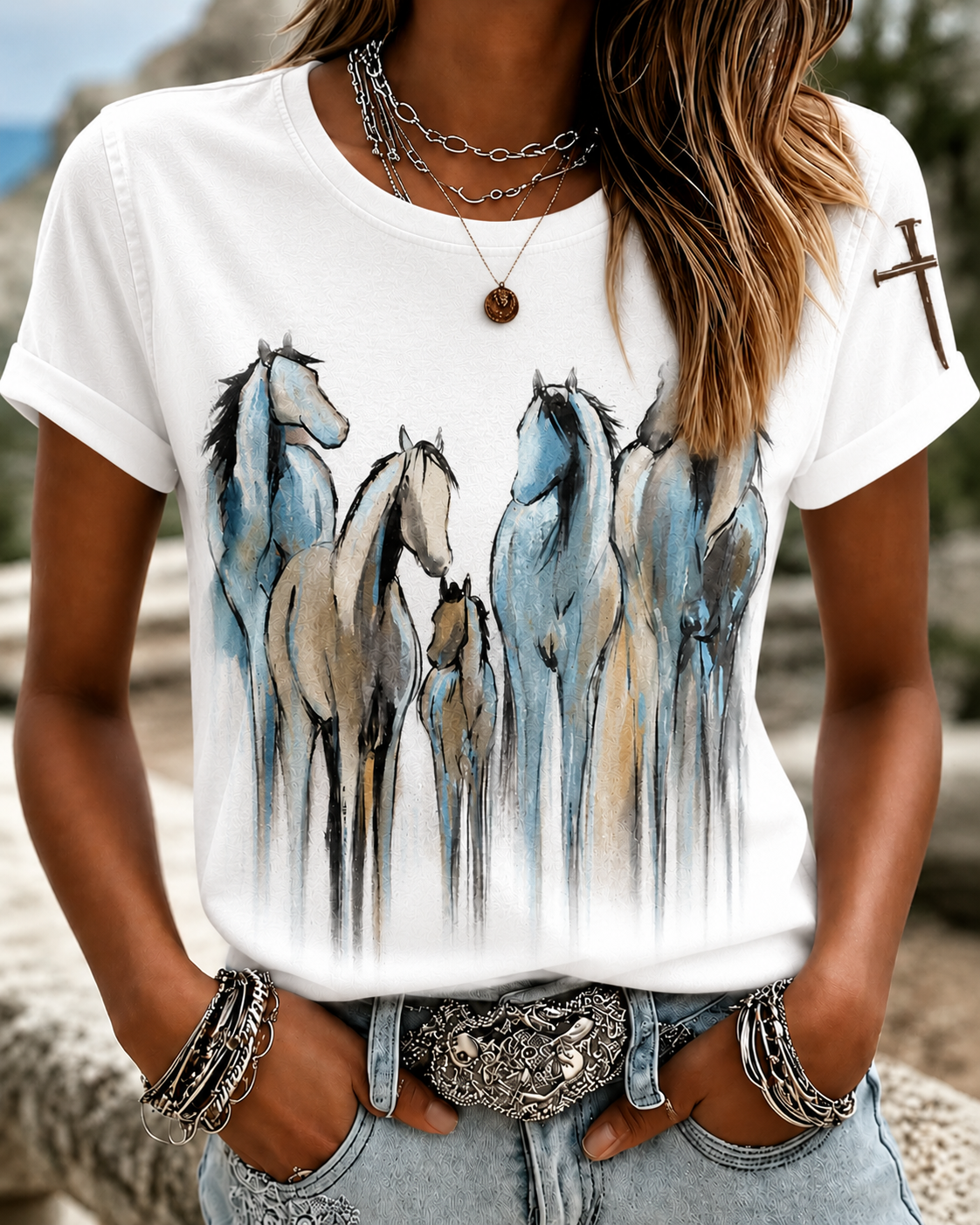 Damenbekleidung Glaube Westliche Kunst bedrucktes Freizeit-T-Shirt