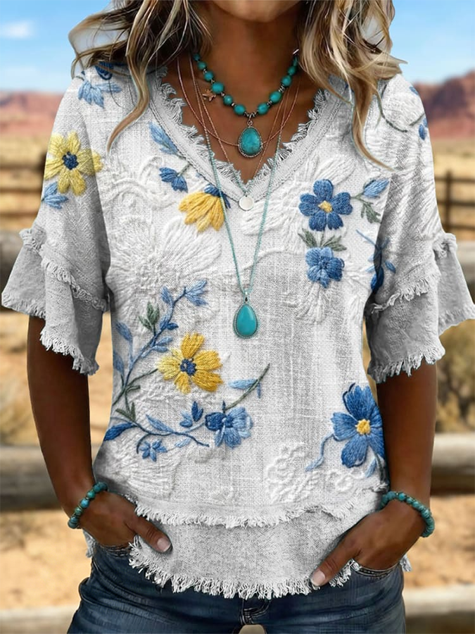 Women'S Vintage Art Patchwork Cotton And Linen Shirt