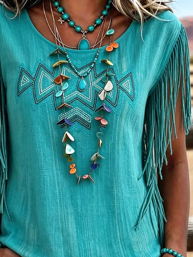 Women'S Casual Tassel Patchwork Printed Top