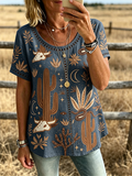 Women's Western Cactus Bull Skull Print Trim Short Sleeve Casual Top