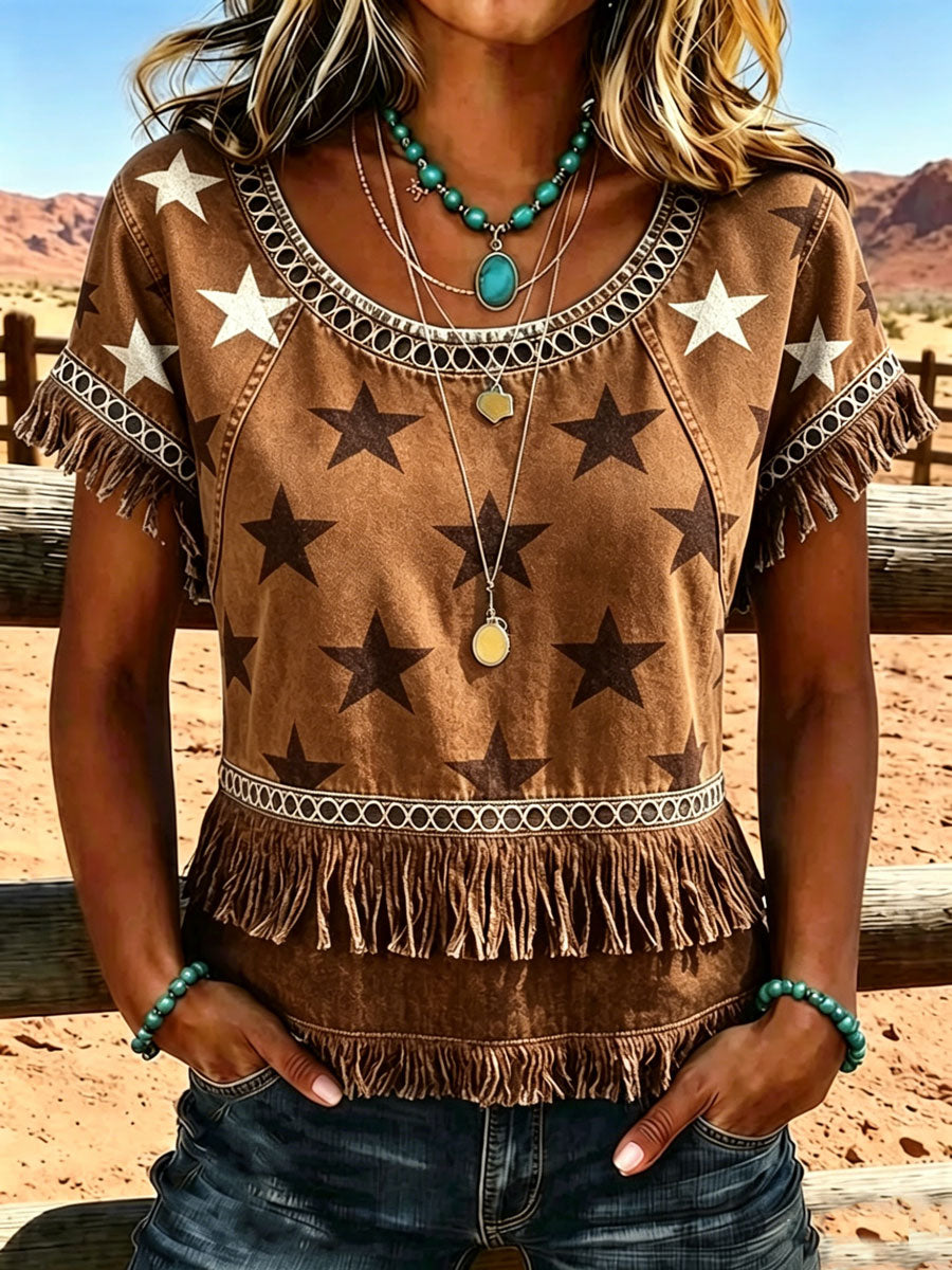 Camisa informal vintage de estilo western estadounidense para mujer, con motivo del 250.º aniversario y paneles con flecos