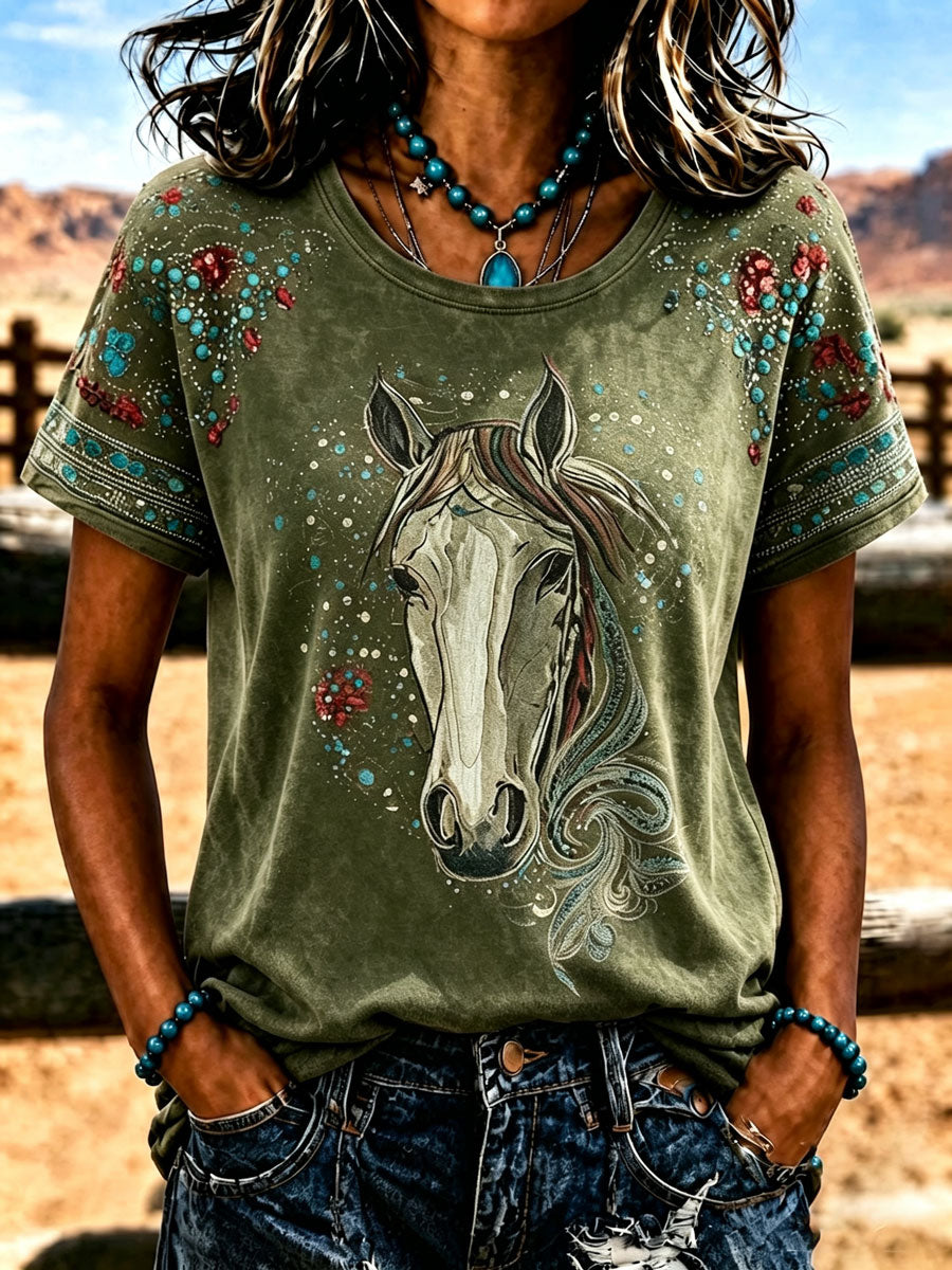 Women'S Retro Western Style Printed T-Shirt
