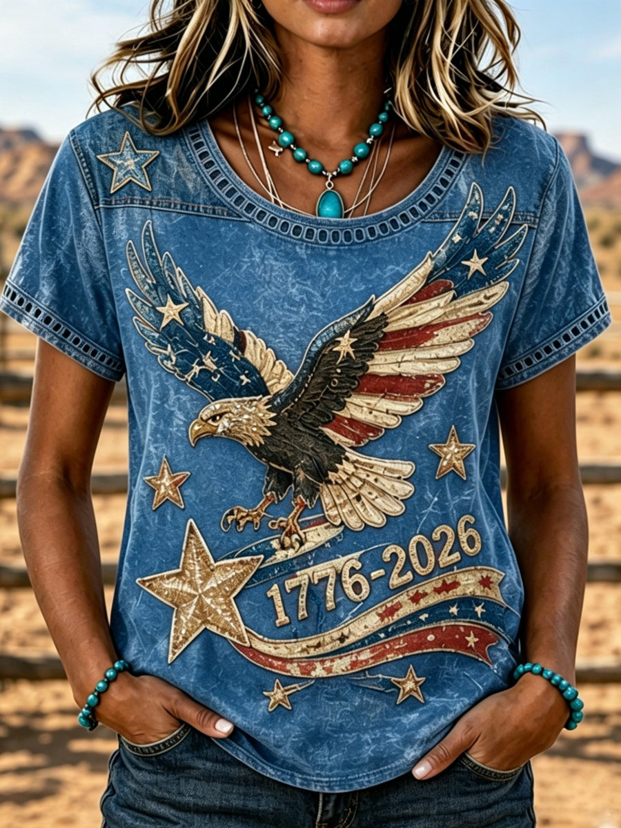 Women'S Casual Western-Style Eagle Print Hollow T-Shirt