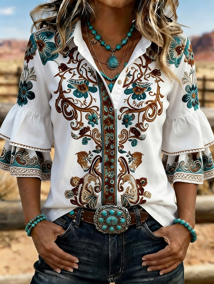 Camisa vaquera western para mujer con bordado floral y mangas acampanadas