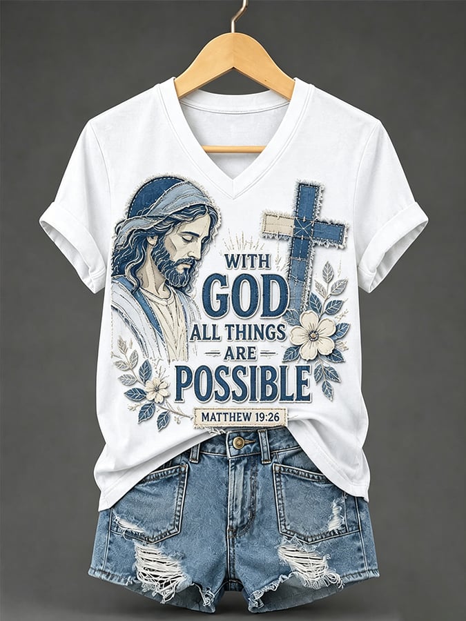 Camiseta retro con estampado «Con Dios todo es posible» y temática de fe para mujer