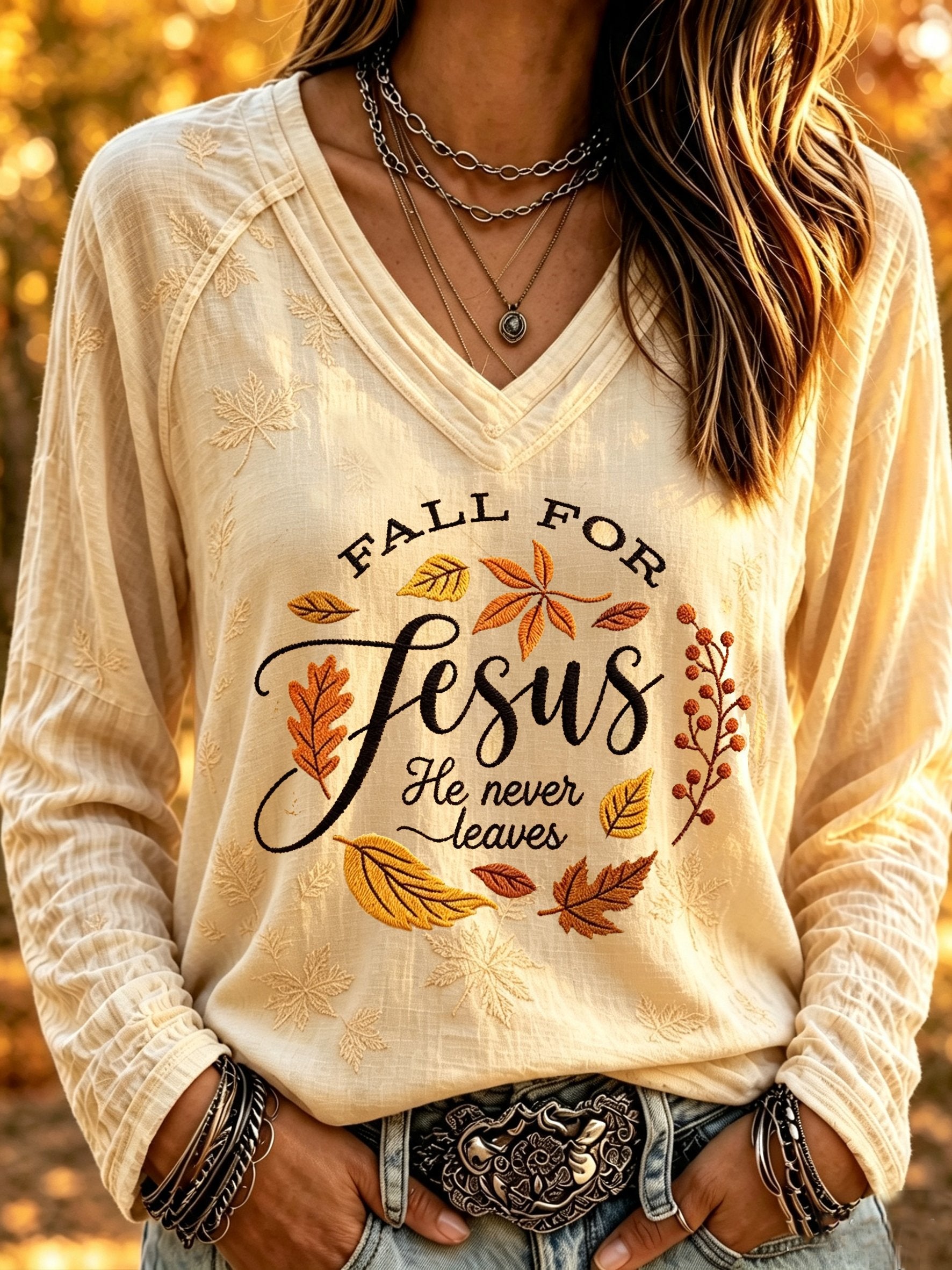Damen Jesus Glaube Herbst Atmosphäre V-Ausschnitt Langarm
