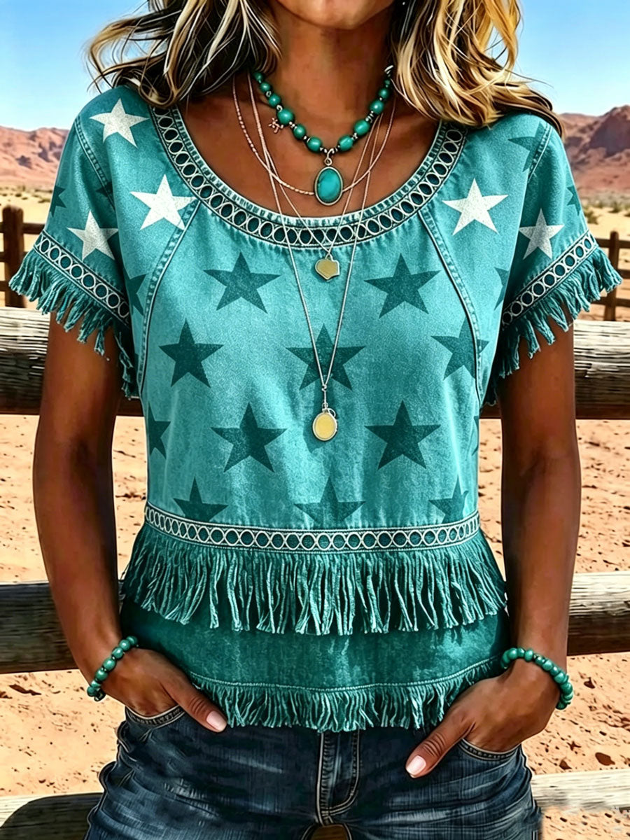 Camisa informal vintage de estilo western estadounidense para mujer, con motivo del 250.º aniversario y paneles con flecos