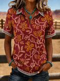 Women'S Geometric Ethnic Print Border V-Neck Western Style Short Sleeved Casual Top