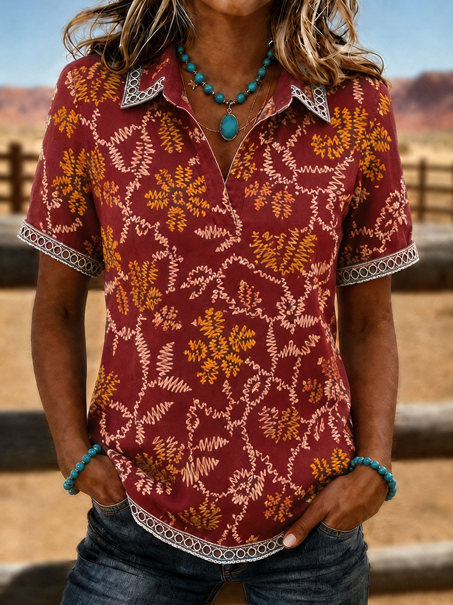 Women'S Geometric Ethnic Print Border V-Neck Western Style Short Sleeved Casual Top