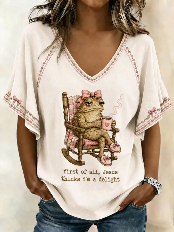 Damen T-Shirt mit Aufdruck „Jesus Thinks I'm Cute“