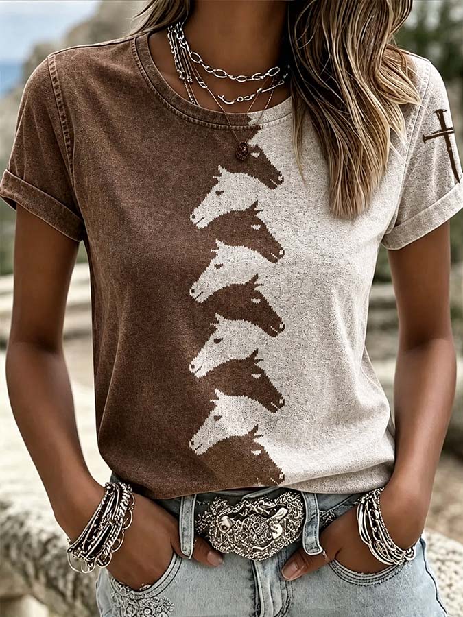 Women'S Western Style Animal Cross Round Neck T-Shirt