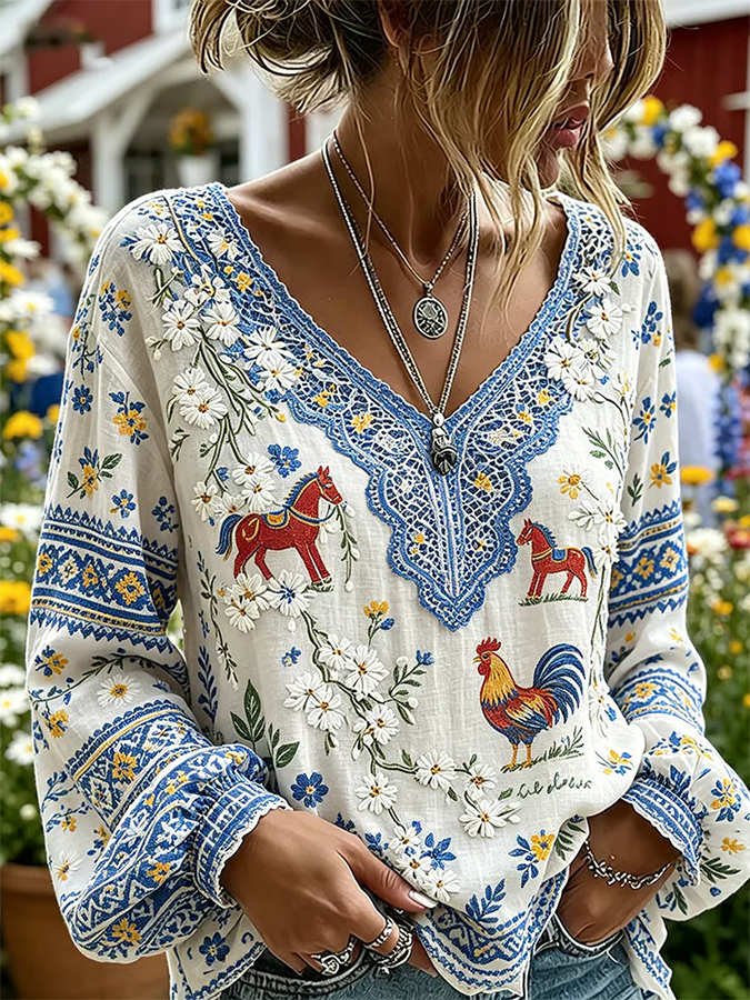 Women's Plants Flowers Print Casual V-Neck Top