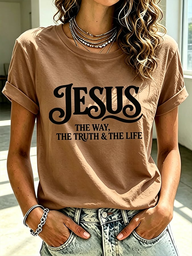 Parte superior estampada de fe con cruz para mujer: «Jesús, el camino, la verdad y la vida»