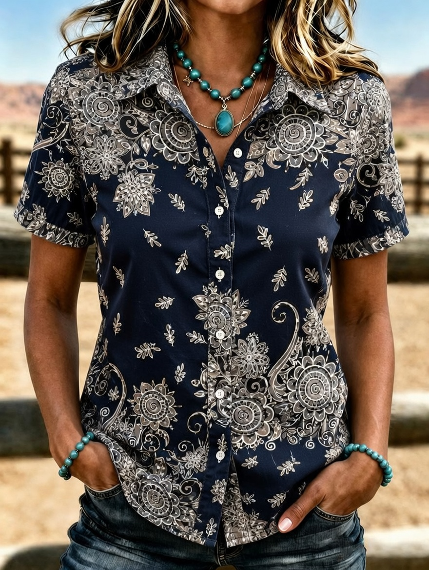 Camisa abotonada de manga corta de mujer con estampado floral étnico retro vintage de estilo vaquero y solapa
