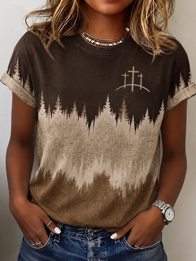 Women'S Western Horse Art Faith Gradient Printed Round Neck T-Shirt