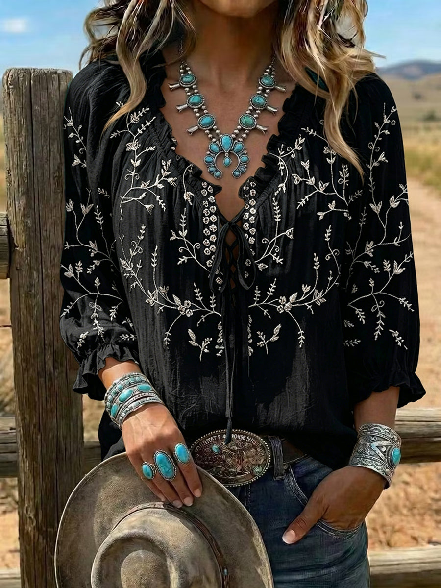 Camisa informal para mujer con estampado floral vintage, volante y lazo