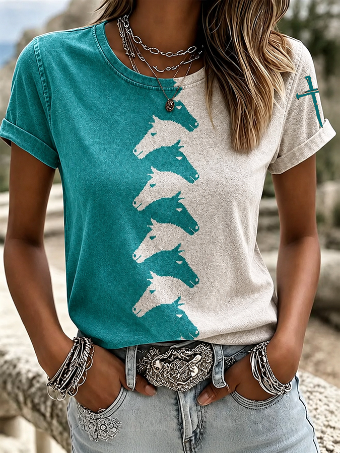 Women'S Western Style Animal Cross Round Neck T-Shirt