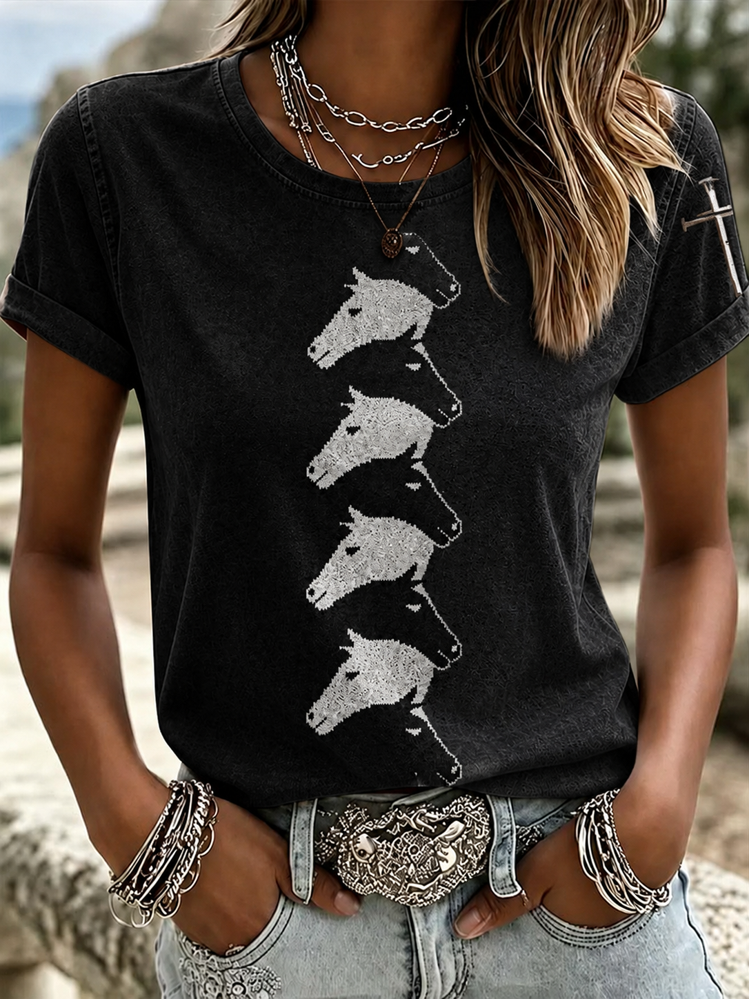 Women'S Western Style Animal Cross Round Neck T-Shirt