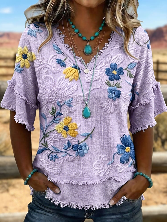Camisa vintage para mujer de patchwork de arte, algodón y lino