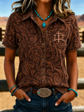 Women'S Retro Western Floral Cross Short Sleeved Shirt