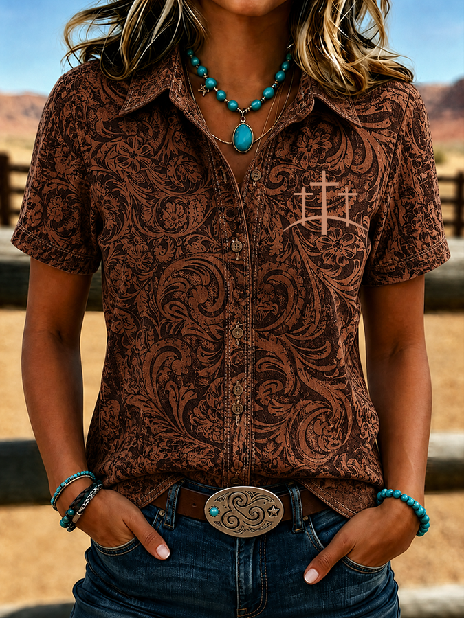 Women'S Retro Western Floral Cross Short Sleeved Shirt