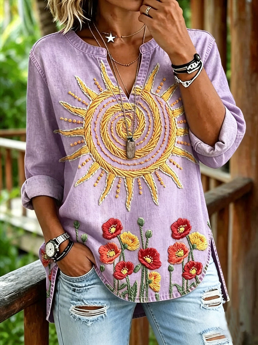 Camisa informal para mujer con estampado floral vintage y cuello de pico