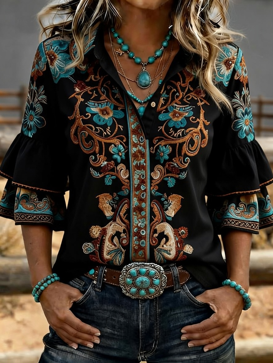 Camisa vaquera western para mujer con bordado floral y mangas acampanadas
