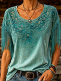 Women's Retro Sapphire Floral Western Print Fringe Round Neck Top