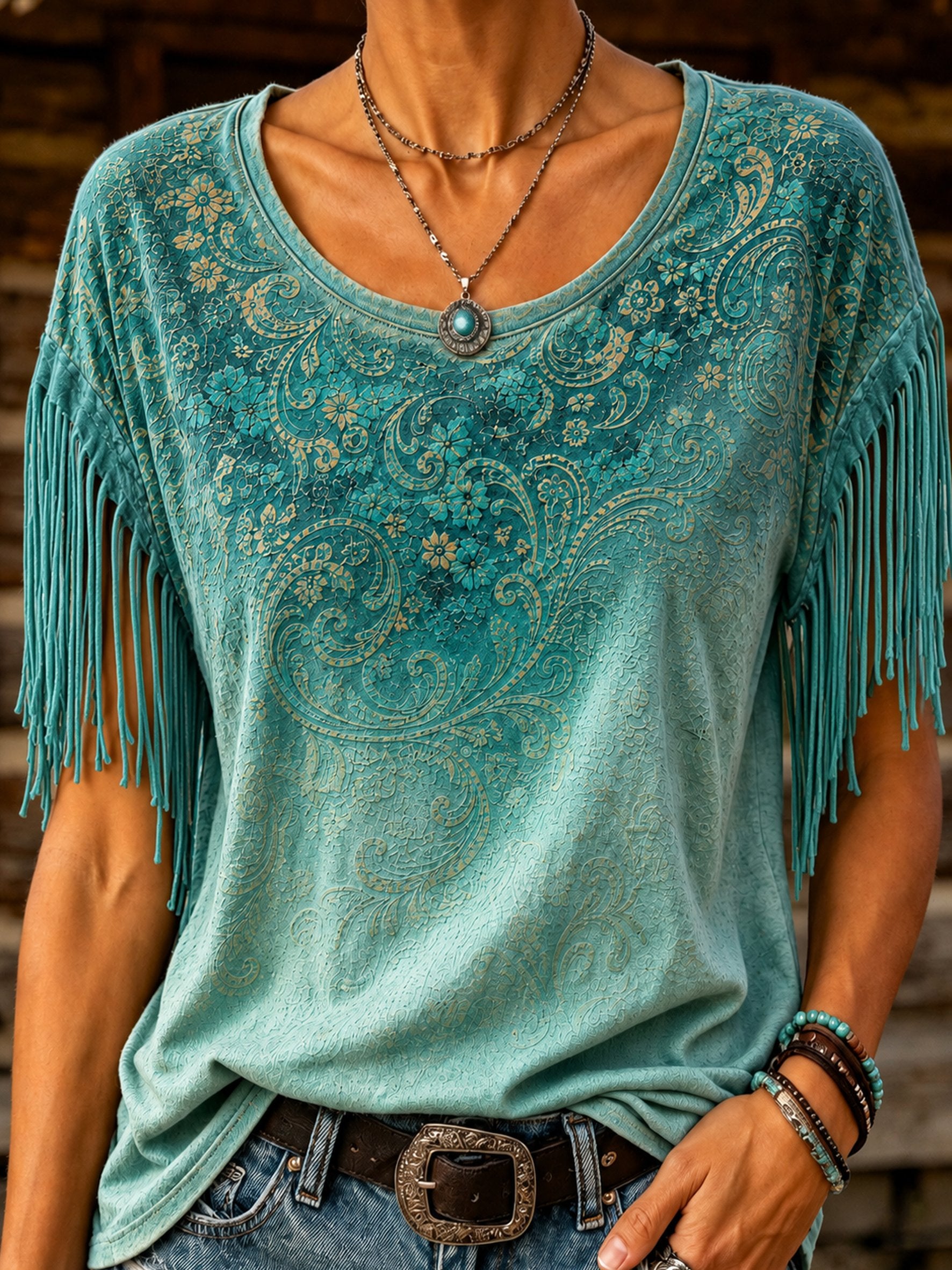 Women's Retro Sapphire Floral Western Print Fringe Round Neck Top