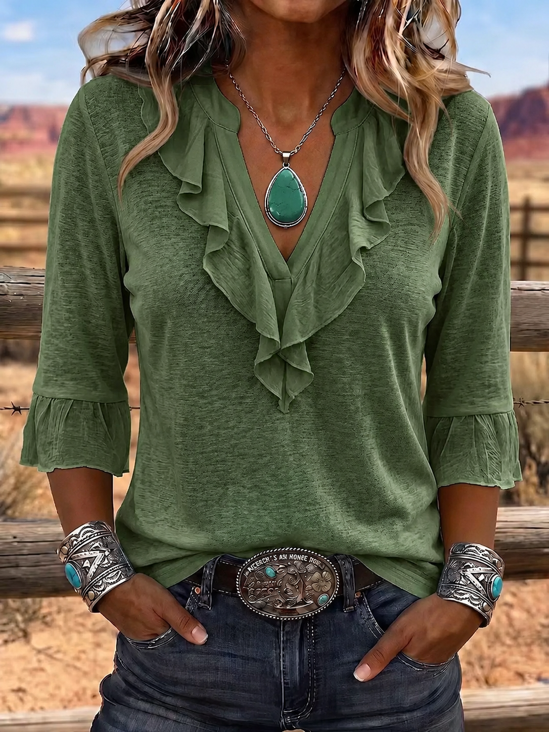 Top casual de mujer de estilo vaquero con cuello en V, volantes y algodón y lino