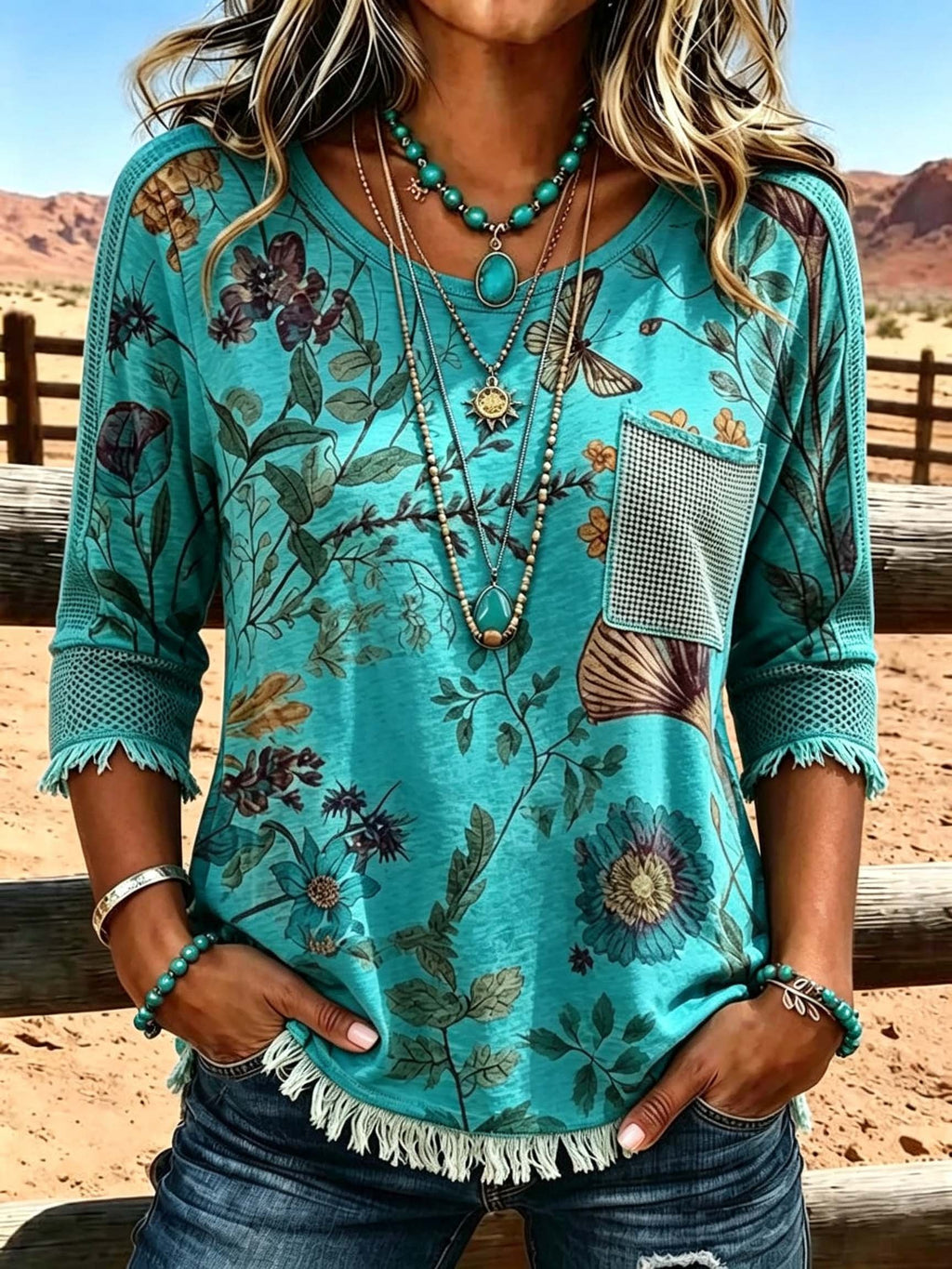 Women'S Casual Tassel Patchwork Printed Top